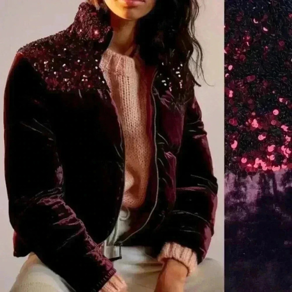 NWT Anthropologie Maeve Vera Sequined Velvet Puffer Red Wine Sparkle Jacket XS - Picture 4 of 9
